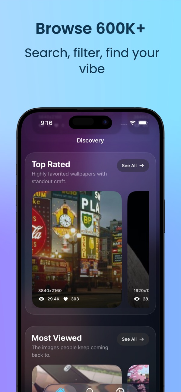 Muros discovery screen with top rated and most viewed wallpapers