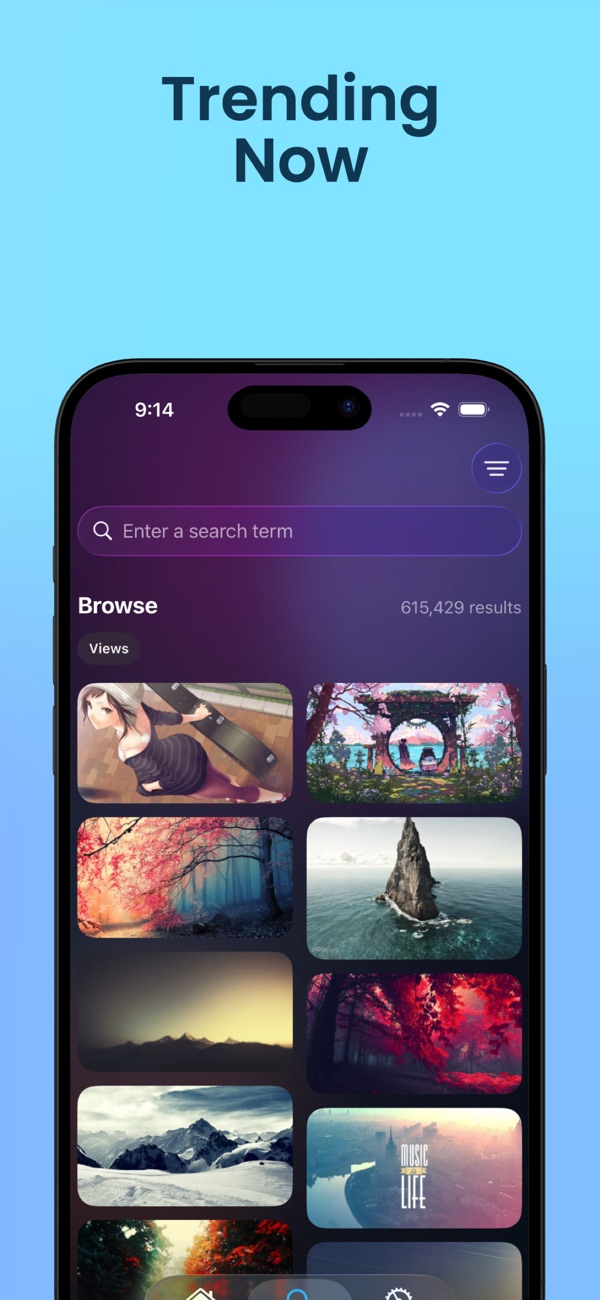Muros browse screen with search and trending wallpapers