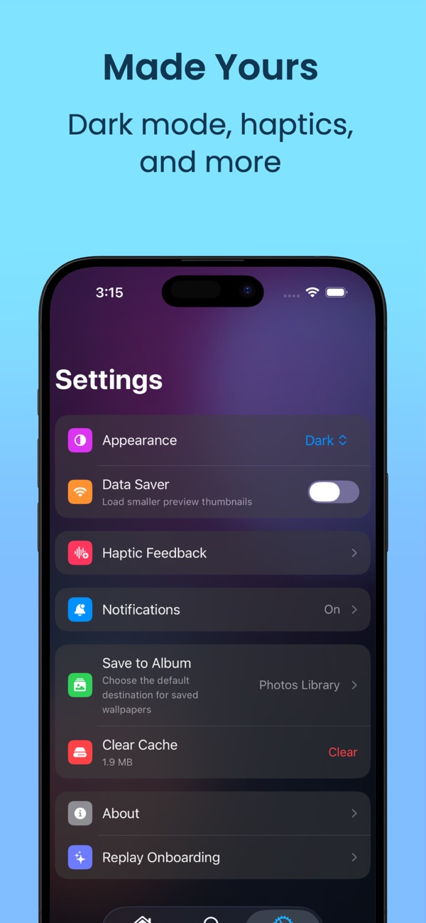 Settings screen: appearance, haptics, notifications and data saver